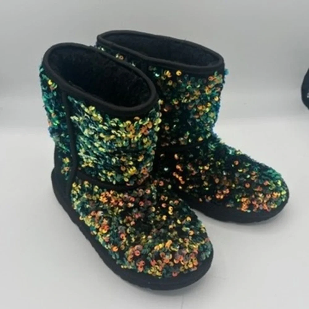 UGG Classic Short Sequin Boots Kids Sz 13 Black Green Iridescent Sparkle Glitter
